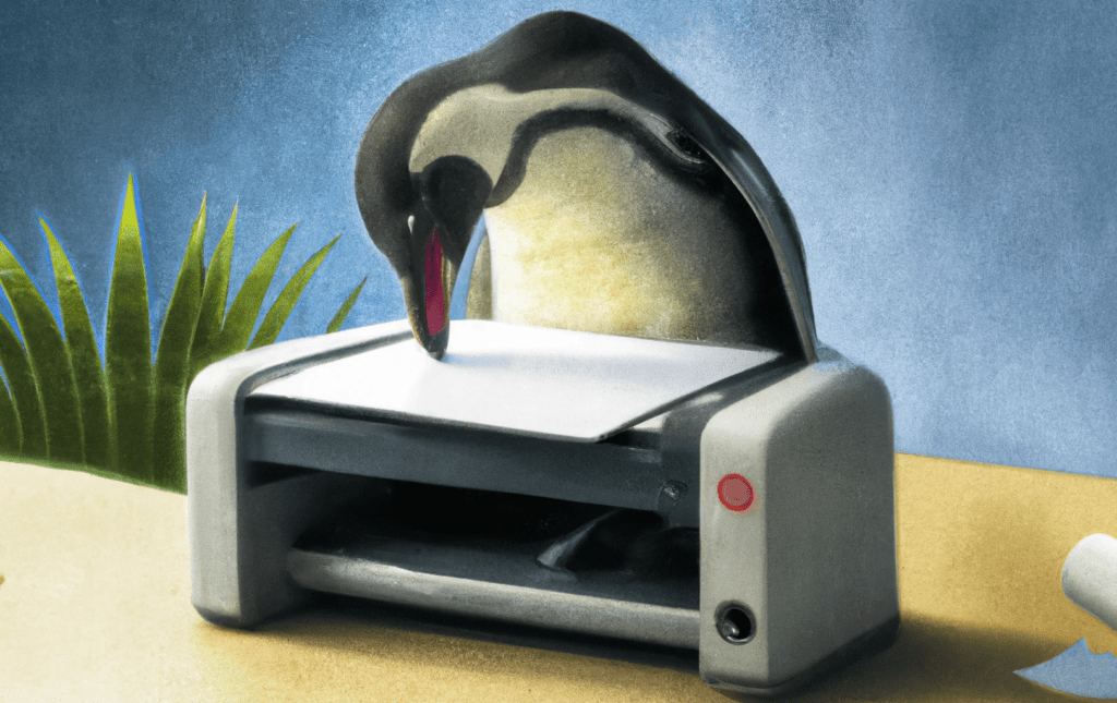 printing with linux: a penguin is using a printer